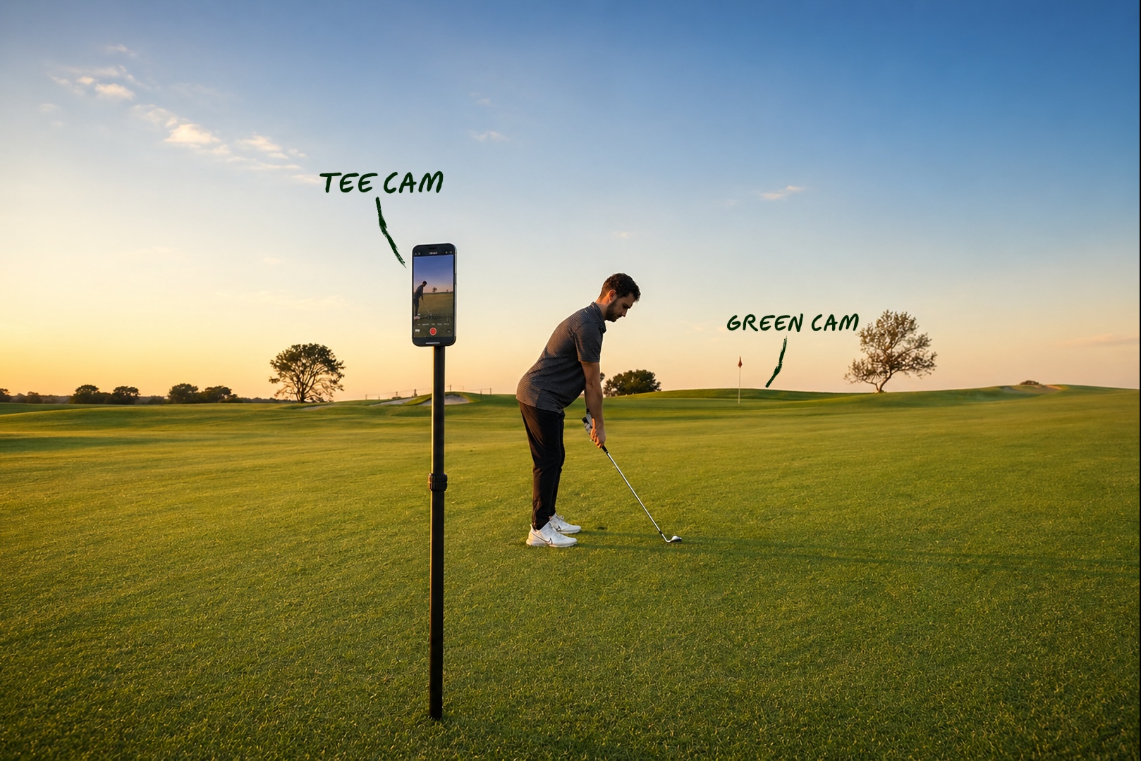 A phone tripod tee cam and green cam set up on a golf hole